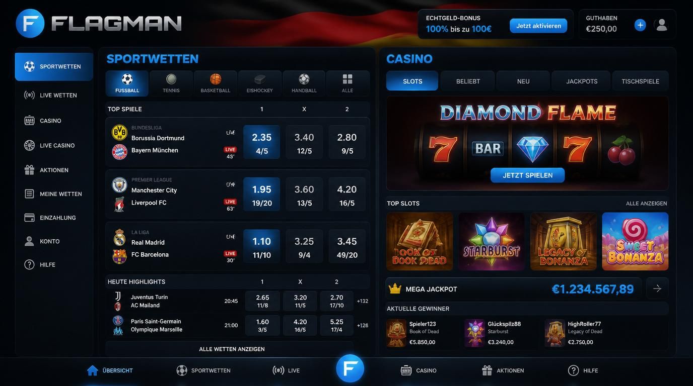Ein Bildschirm zeigt Slots und Sportwetten nebeneinander, Quoten und Bonus in Deutsch