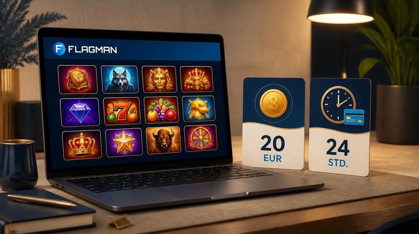 Laptop mit Casino-Spielauswahl sowie Symbolen für eine Einzahlung ab 20 EUR und Auszahlungen binnen etwa 24 Stunden