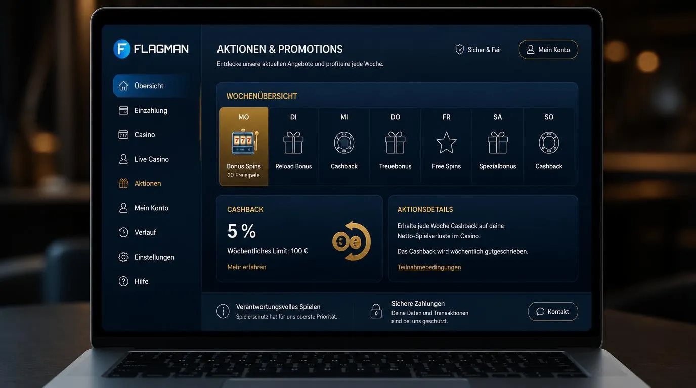 Casino-Dashboard mit Wochenkalender, Cashback-Anzeige und Bonus-Freispielen am Montag