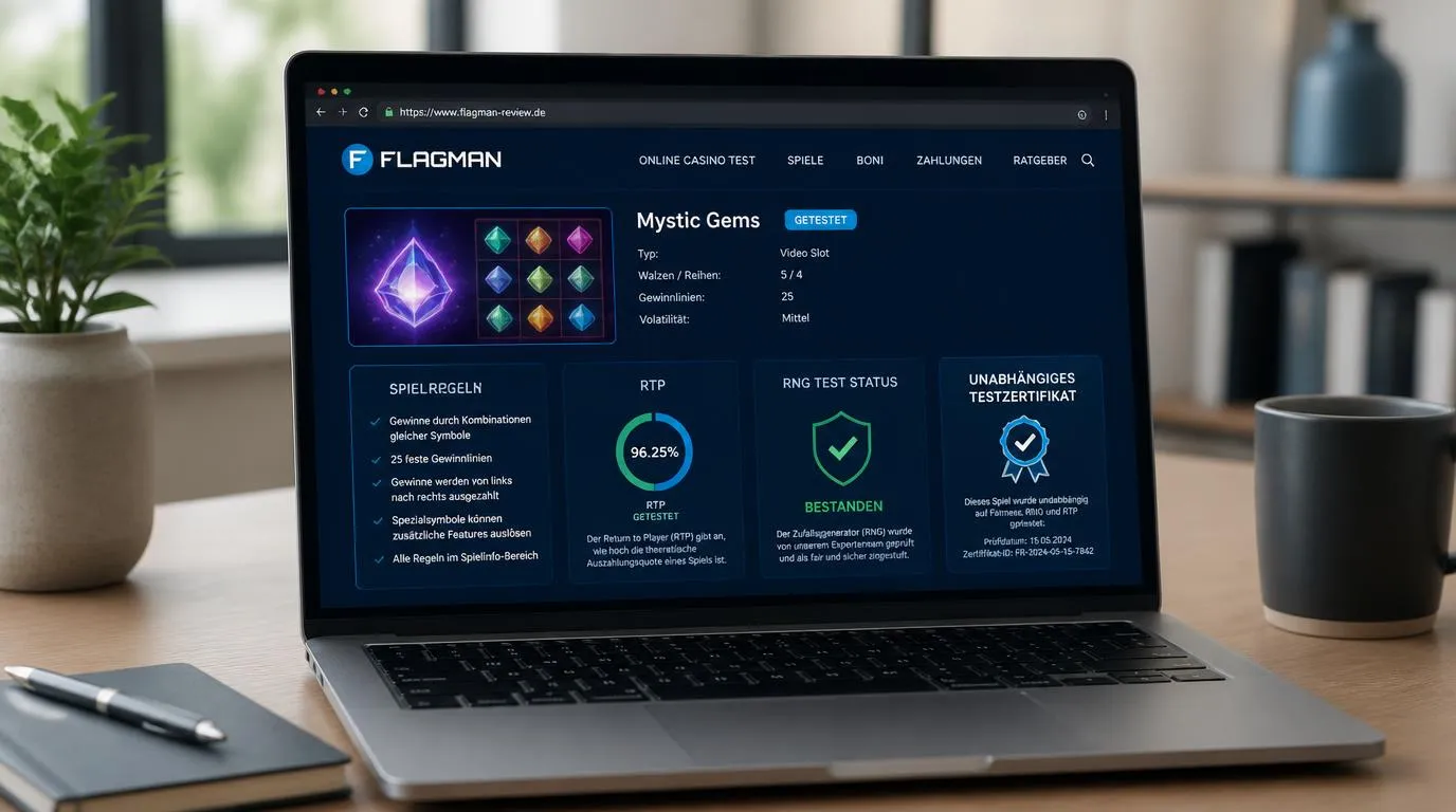 Casino-Spieloberfläche mit sichtbaren Spielregeln, RTP-Angabe und Symbol für eine geprüfte RNG-Software