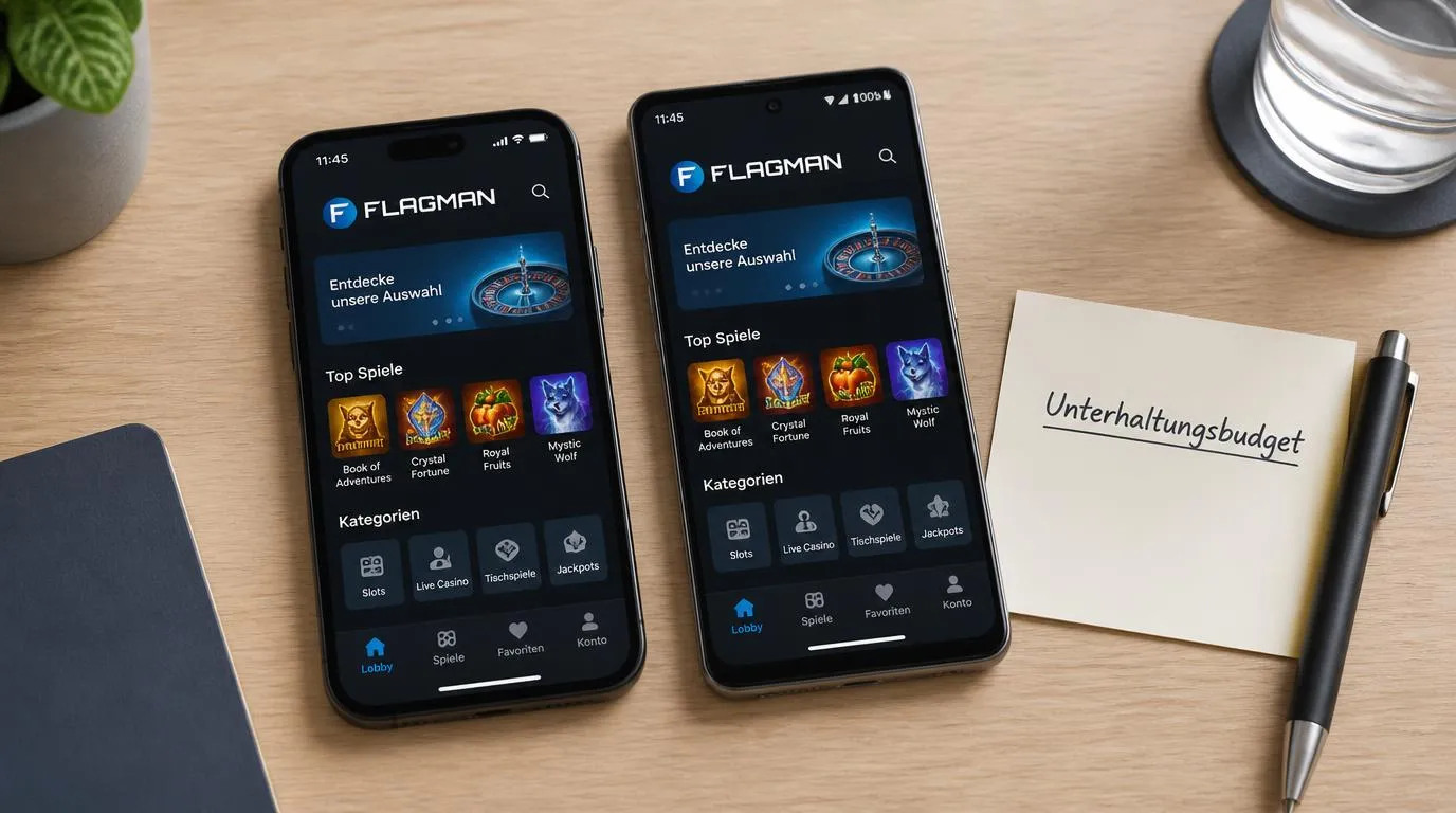 Zwei Smartphones für mobiles Casinospielen auf iOS und Android neben einem notierten Unterhaltungsbudget