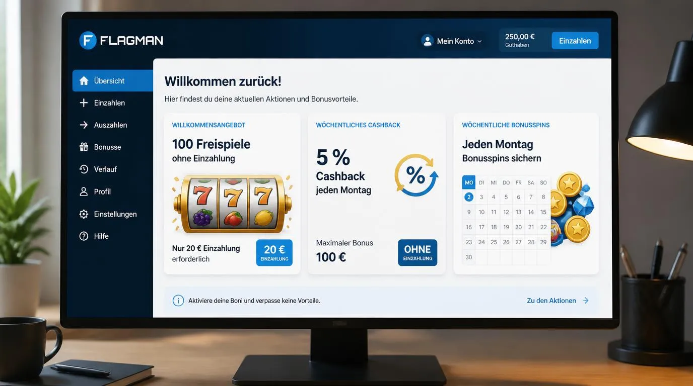 Casino-Bonusübersicht mit Freispielen, wöchentlichem Cashback und einem Kalender für Montag