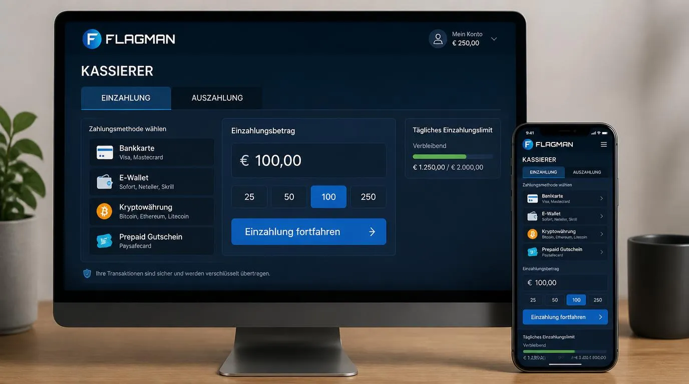 Casino-Kasse mit Auswahl für Karten, E-Wallets und Kryptowährungen sowie sichtbaren Limits